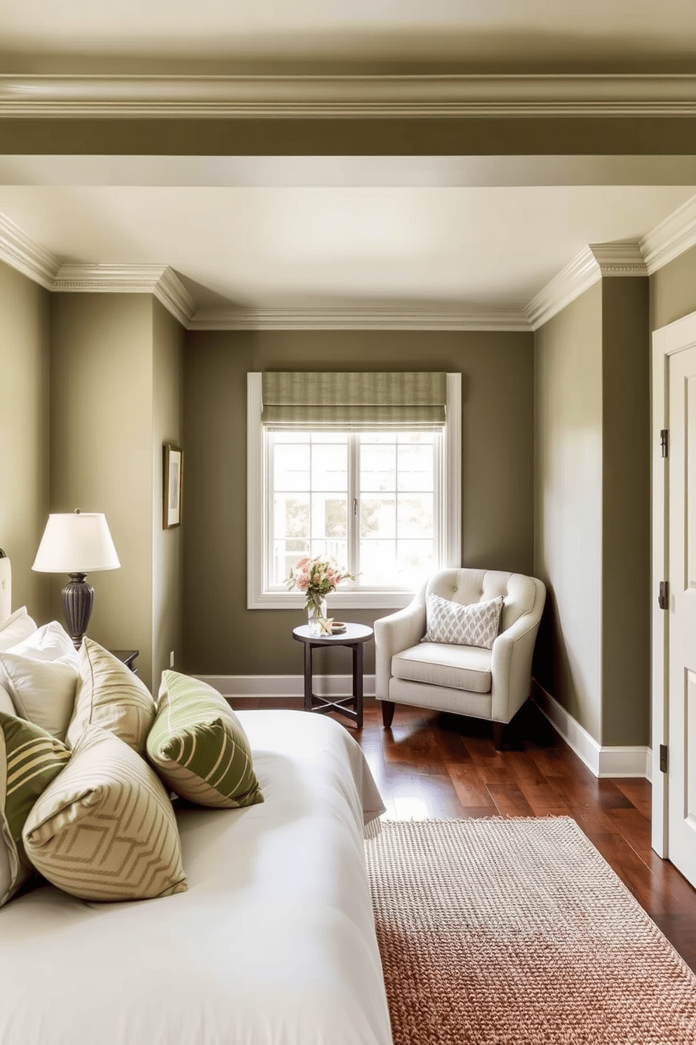 A serene bedroom featuring muted olive green walls that create a calming atmosphere. The bed is dressed in soft white linens with decorative pillows in various shades of green. A cozy reading nook is positioned by a window, adorned with a plush armchair and a small side table. A woven rug lies beneath the bed, adding texture and warmth to the space.