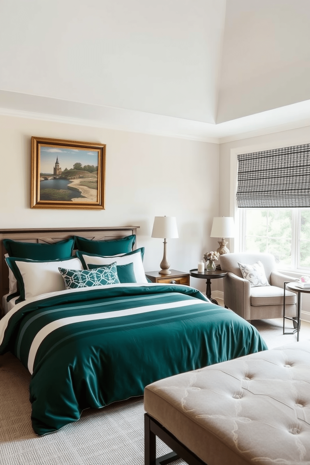 A serene bedroom featuring a forest green and white striped bedding set that complements the soft, neutral walls. The room includes a cozy reading nook by the window with a plush armchair and a small side table adorned with a decorative lamp.