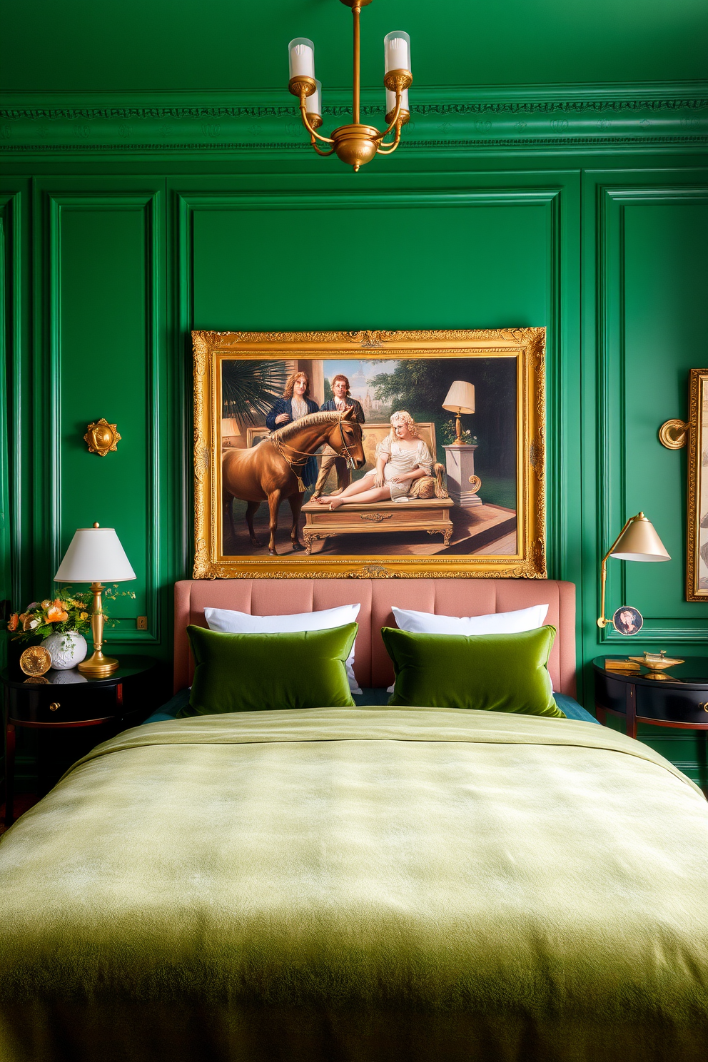 A chic bedroom adorned in green and gold tones. The walls are painted a soft emerald green, complemented by gold accents in the light fixtures and decorative accessories. A plush velvet bedspread in a rich green hue covers a king-sized bed. Elegant gold-framed artwork adorns the walls, enhancing the luxurious atmosphere of the space.