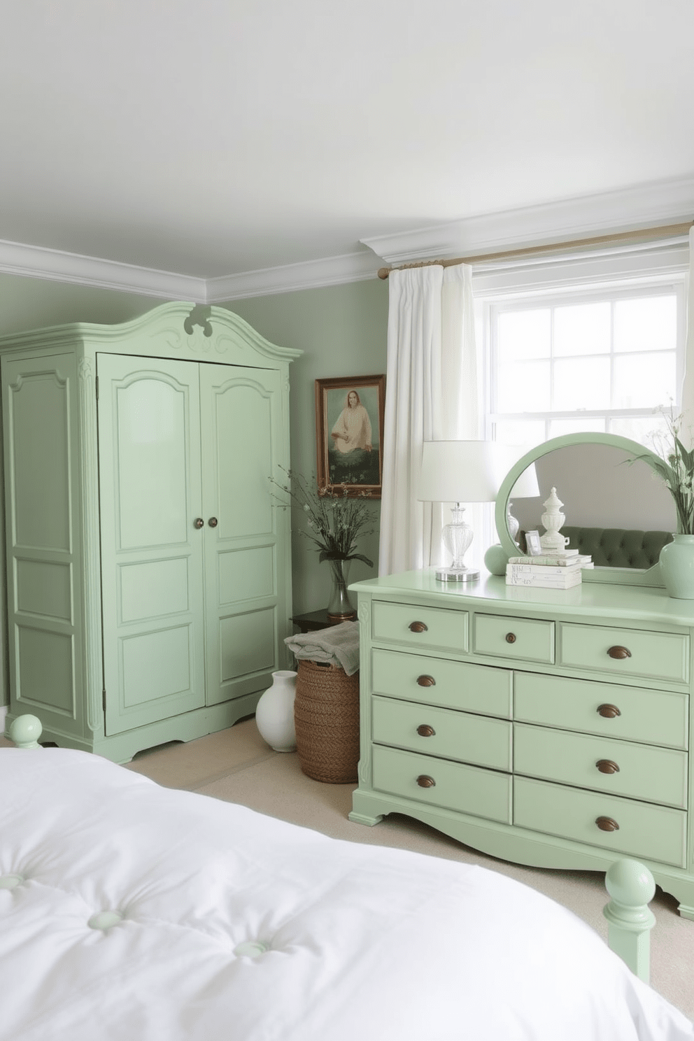 A serene green bedroom featuring light green painted furniture that enhances the airy feel of the space. The room includes a plush bed with soft white linens, complemented by delicate light green accents in the decor.