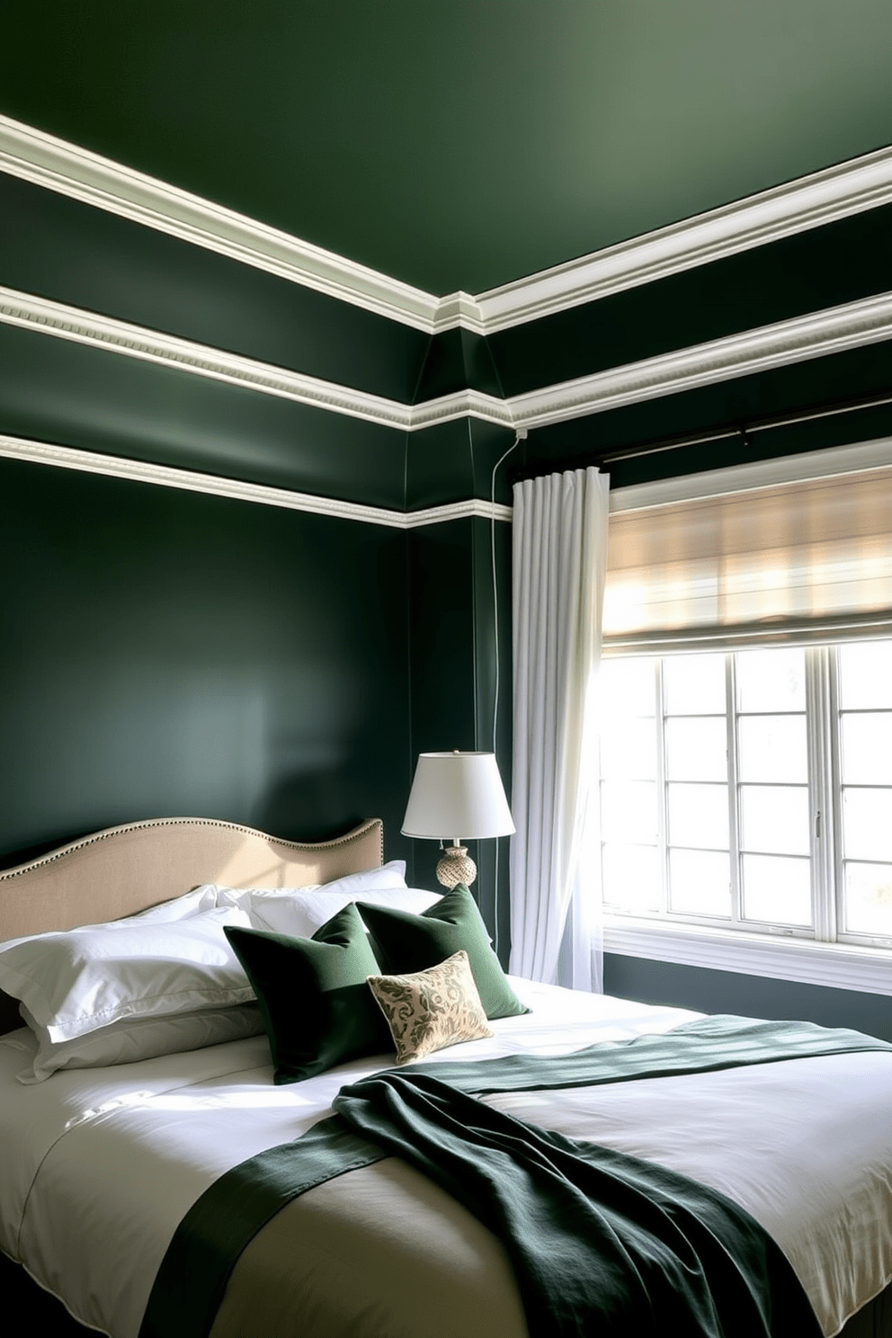 A tranquil bedroom featuring dark green walls that create a cozy atmosphere. The room is accented with white crown molding that adds a touch of elegance and sophistication. A plush king-sized bed is dressed in soft white linens and layered with deep green and gold accent pillows. Natural light pours in through large windows adorned with sheer white curtains, illuminating the space beautifully.