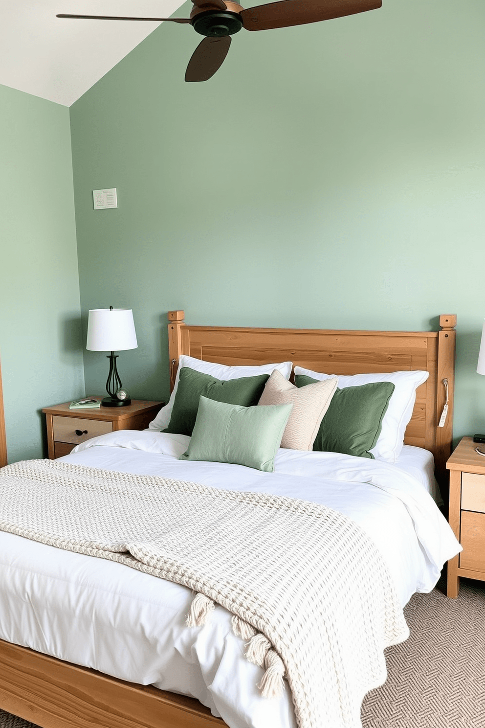 A serene bedroom featuring mint green walls that create a calming atmosphere. Natural wood accents are incorporated through the bed frame and nightstands, adding warmth and texture to the space. The bedding is layered with soft white linens and a cozy knit throw. Decorative pillows in various shades of green and beige enhance the inviting feel of the room.