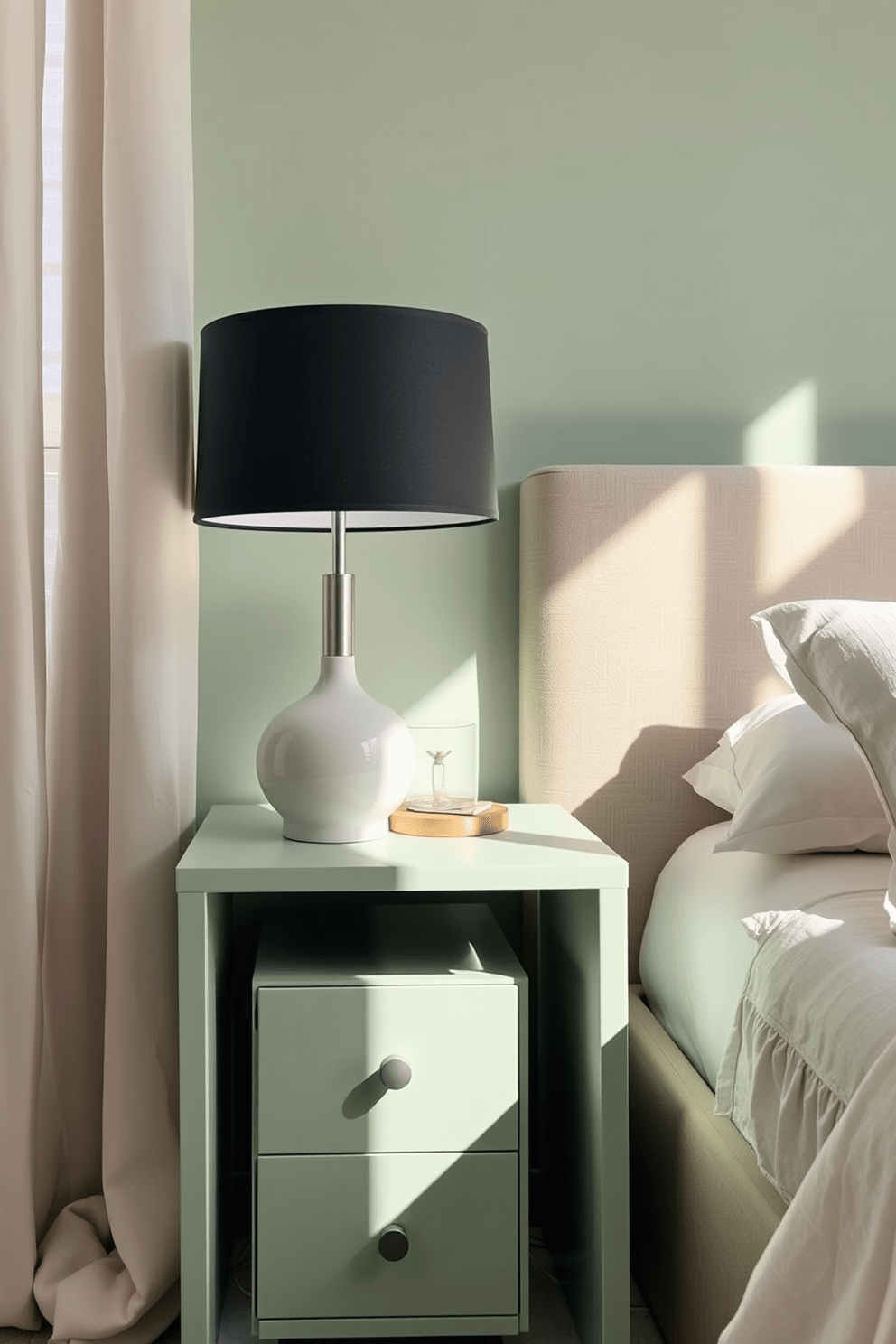 A pale green nightstand with a sleek decorative lamp sits beside a plush bed adorned with soft, textured linens. The walls are painted in a calming shade of green, creating a serene atmosphere complemented by natural light streaming through sheer curtains.