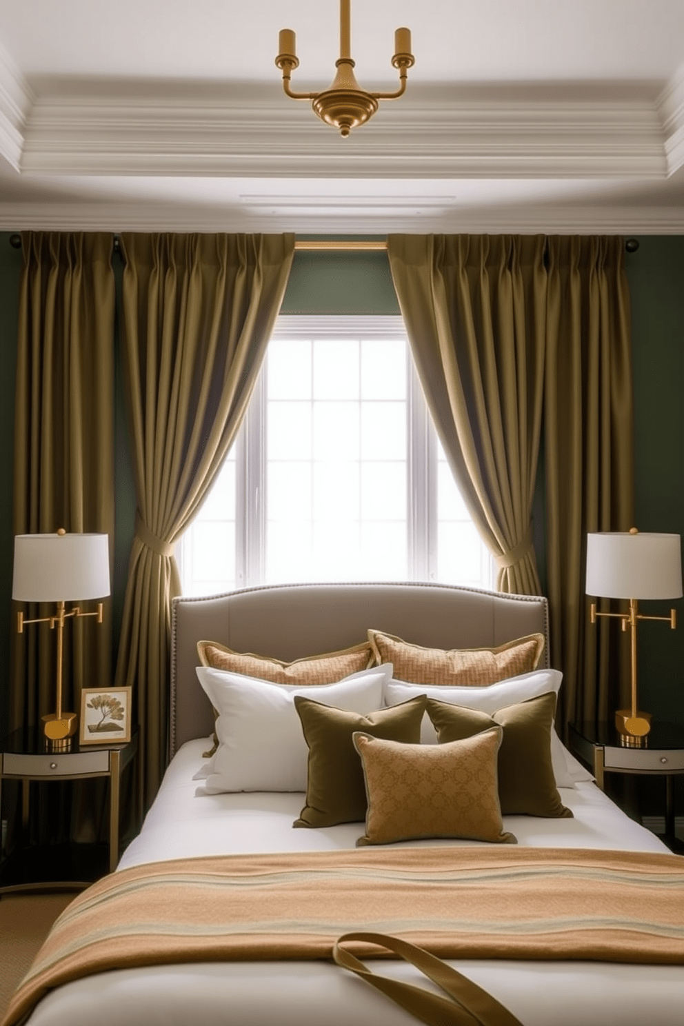 A serene green bedroom adorned with olive green curtains that gracefully frame the windows. The curtains are complemented by elegant gold fixtures that add a touch of luxury to the space. The room features a plush king-sized bed with a soft white duvet and an assortment of textured pillows. A stylish bedside table on either side holds modern lamps with gold accents, enhancing the overall aesthetic of the room.