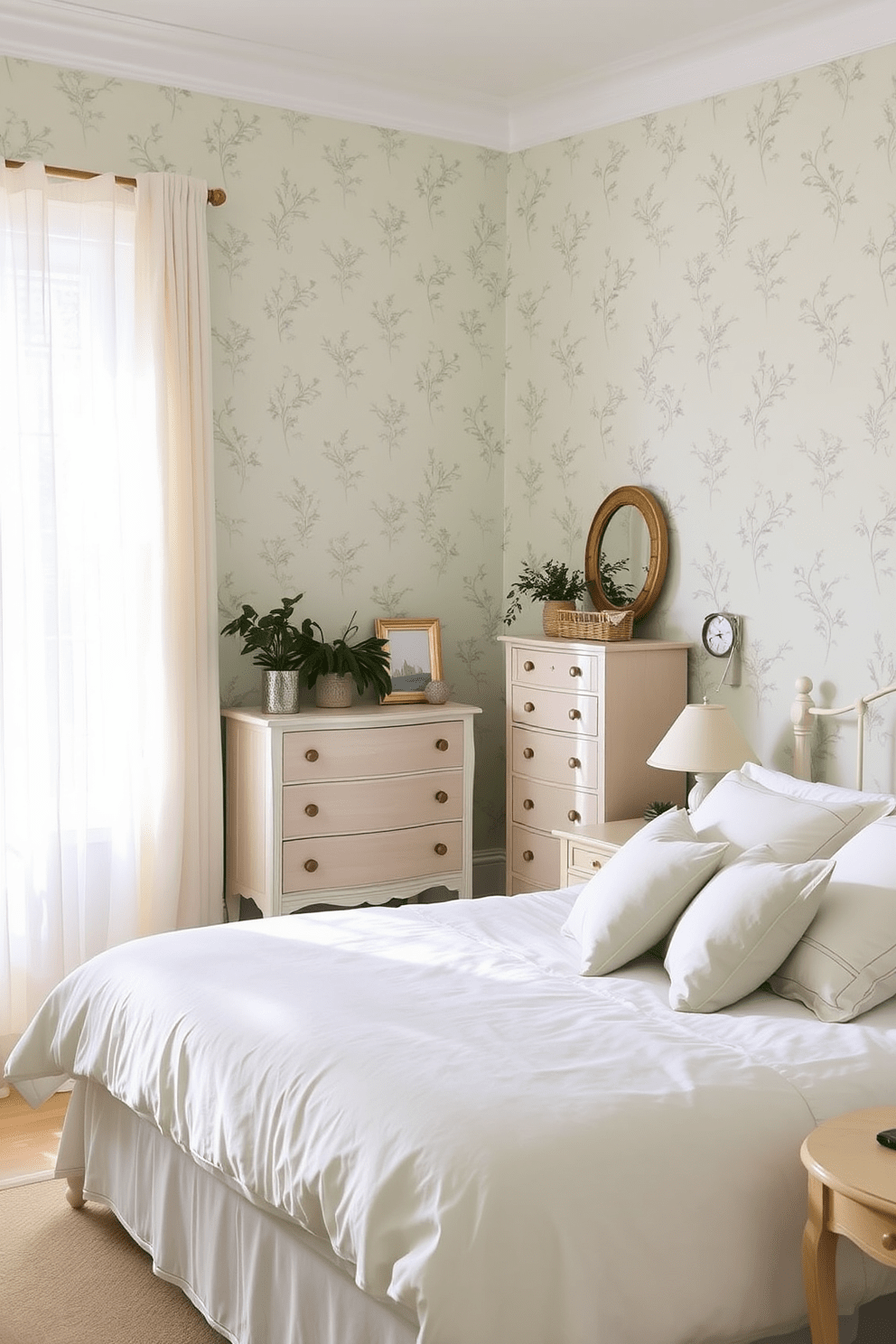 A serene bedroom retreat adorned with light green wallpaper featuring delicate floral patterns that create an inviting atmosphere. The room is furnished with a plush bed dressed in soft white linens and accented with pastel pillows, complemented by a cozy reading nook by the window. Natural light floods the space through sheer curtains, enhancing the tranquil vibe. A vintage dresser and a small bedside table in light wood complete the harmonious design, while a potted plant adds a touch of greenery.