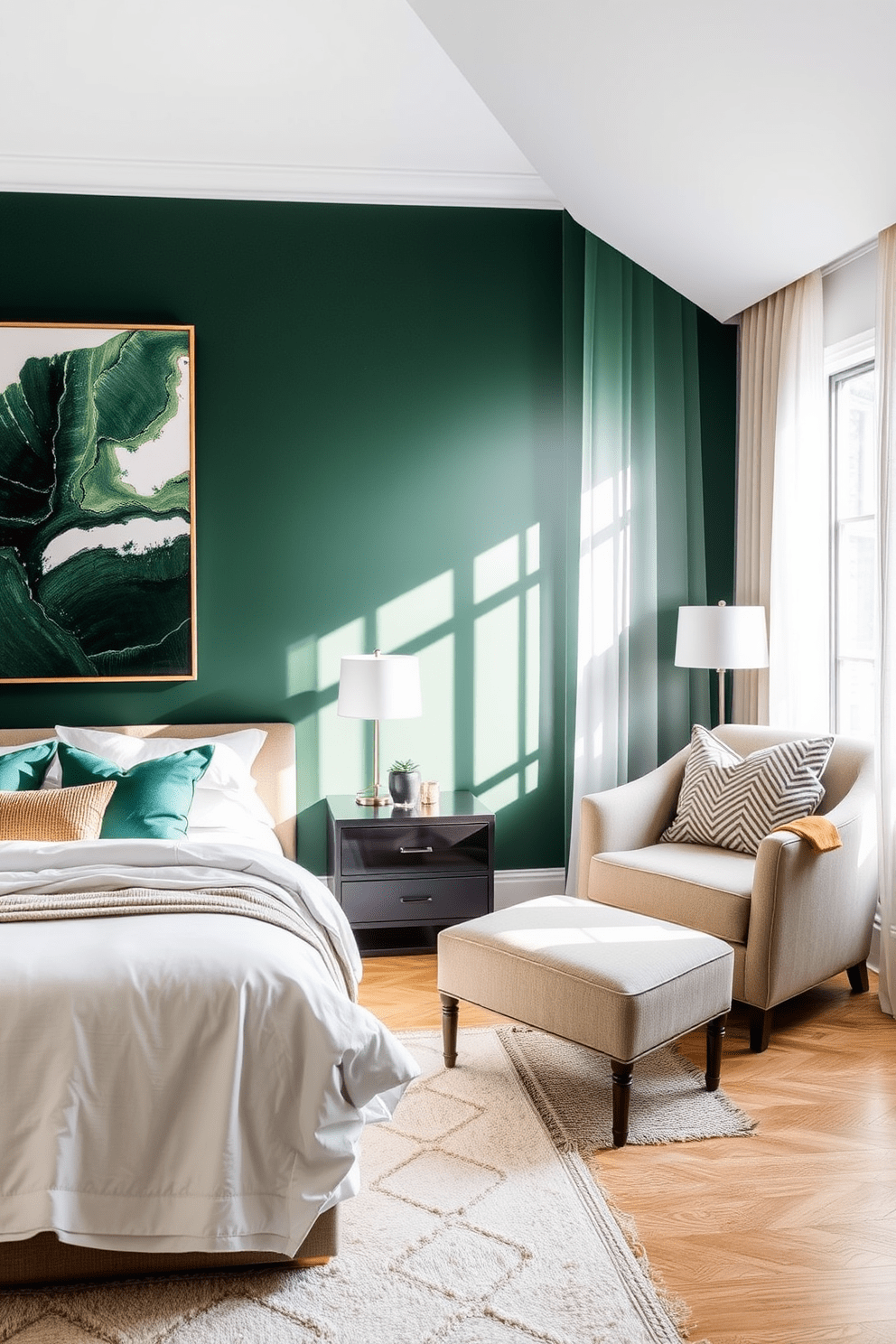 A serene green bedroom featuring a deep forest green feature wall adorned with a large abstract art piece. The room is complemented by a plush bed with white linens and a mix of green and gold accent pillows. Natural light filters through sheer curtains, illuminating a cozy reading nook with a comfortable armchair and a small side table. A soft area rug in neutral tones anchors the space, adding warmth and texture to the overall design.