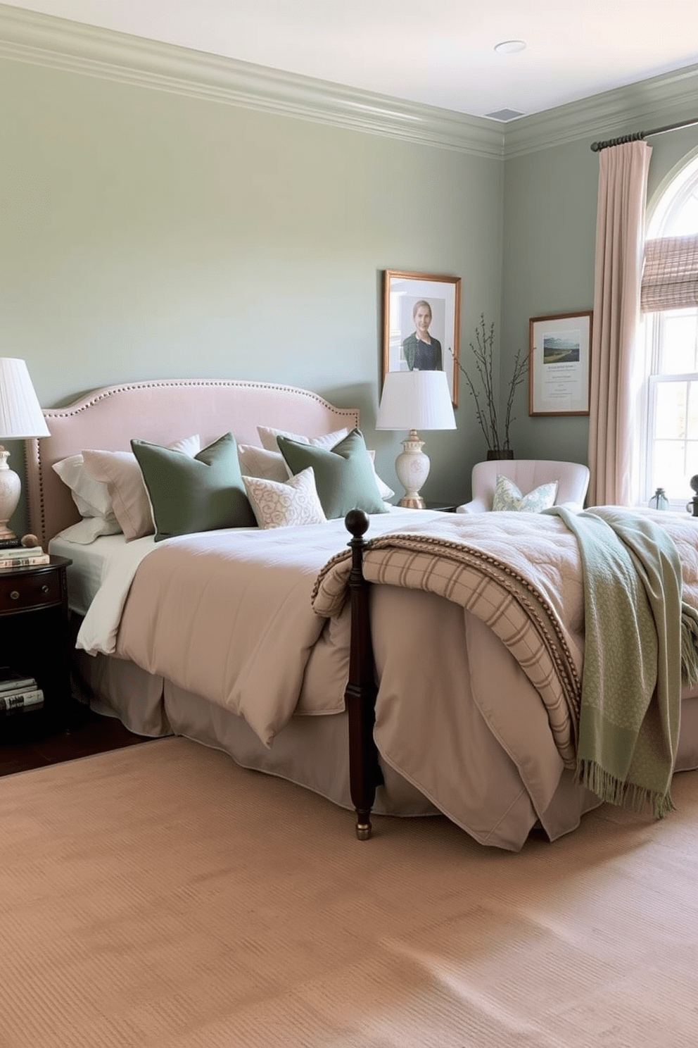 A serene bedroom setting featuring soft sage green walls complemented by beige accents. The bed is adorned with plush beige linens and decorative pillows in varying shades of green. A cozy reading nook is situated by a window, with a comfortable beige armchair and a small side table. A large area rug in neutral tones anchors the space, adding warmth and texture to the room.