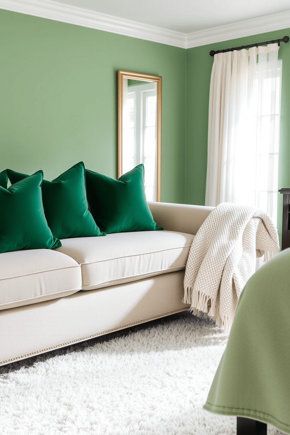 Emerald green throw pillows are arranged on a neutral-colored sofa, creating a vibrant contrast. The sofa is complemented by a soft, textured throw blanket draped over one arm, adding warmth and comfort to the space. The walls of the bedroom are painted in a soft, calming shade of green, enhancing the serene atmosphere. A plush area rug in a lighter tone anchors the room, while natural light filters through sheer curtains, illuminating the elegant decor.