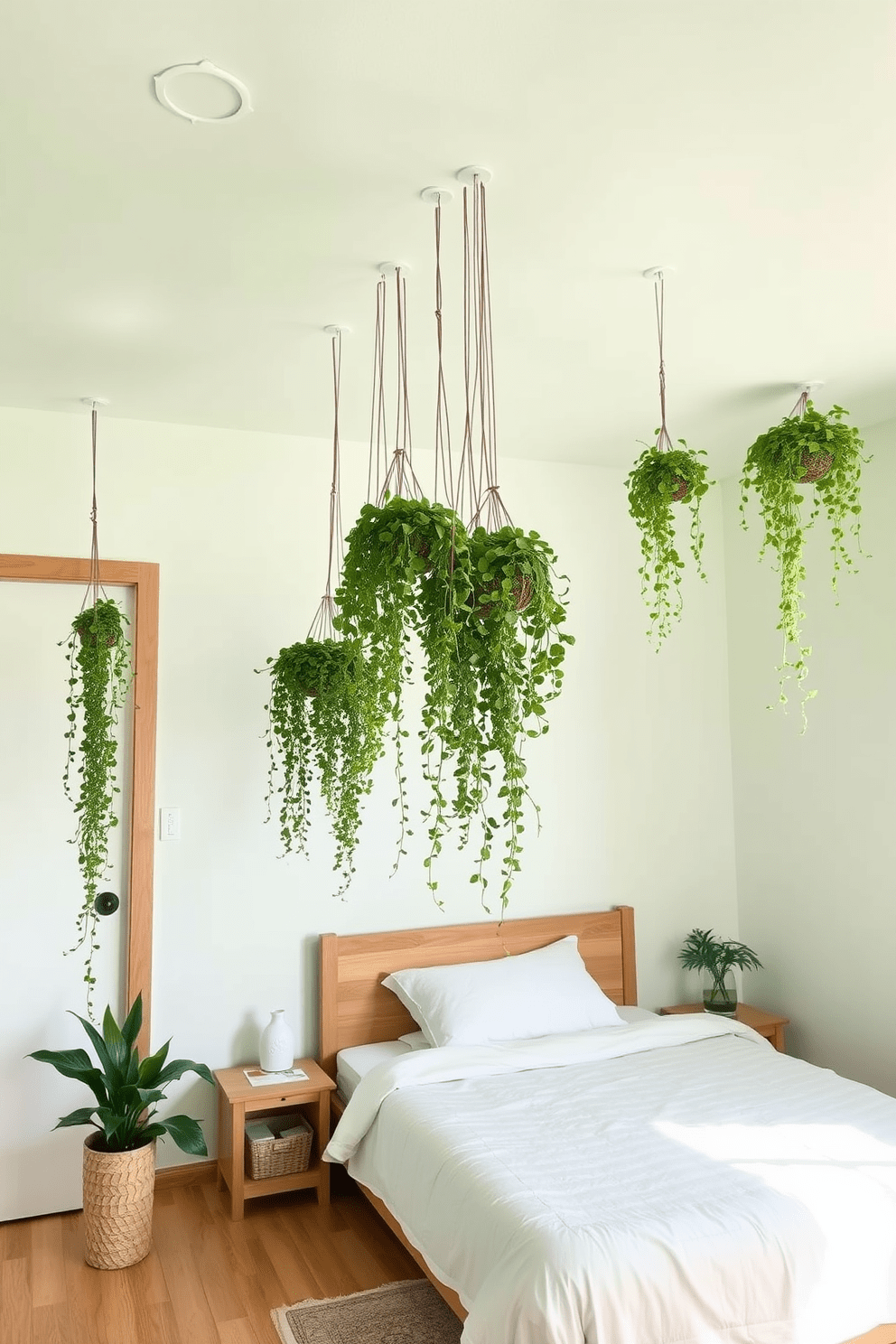 A serene green bedroom with a pale green ceiling adorned with cascading hanging plants. The walls are painted in a soft white, creating a bright and airy atmosphere complemented by natural wood accents.