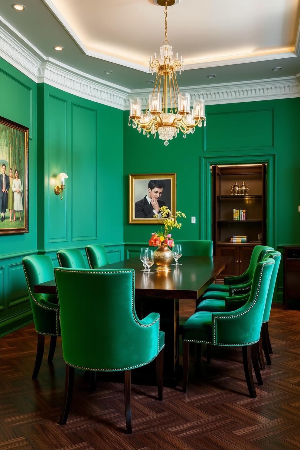 A stunning green dining room featuring elegant emerald green velvet chairs that provide a luxurious touch. The chairs are paired with a sleek wooden dining table, surrounded by soft ambient lighting that enhances the room's sophisticated atmosphere.