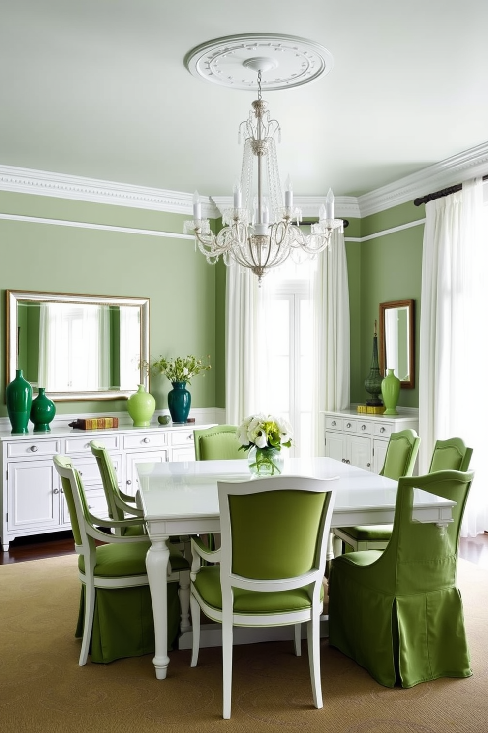 A classic dining room featuring a white rectangular table surrounded by elegant green upholstered chairs. The walls are painted in a soft green hue, complemented by white wainscoting and a large white chandelier hanging from the ceiling. A sideboard in a glossy white finish stands against one wall, adorned with decorative green vases and a large mirror above it. Natural light floods the space through large windows dressed with sheer white curtains, enhancing the fresh and inviting atmosphere.