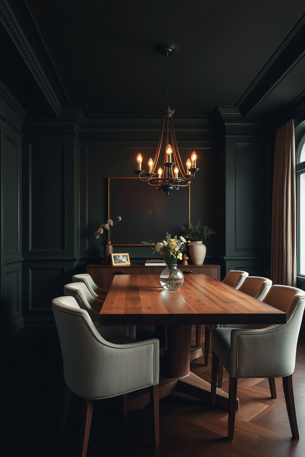 A moody dark green dining room setting that exudes warmth and elegance. The walls are painted in a rich dark green hue, complemented by warm ambient lighting that creates a cozy atmosphere. A large wooden dining table is centered in the room, surrounded by plush upholstered chairs in a neutral tone. Above the table, a statement chandelier with soft glowing bulbs adds a touch of sophistication to the space.