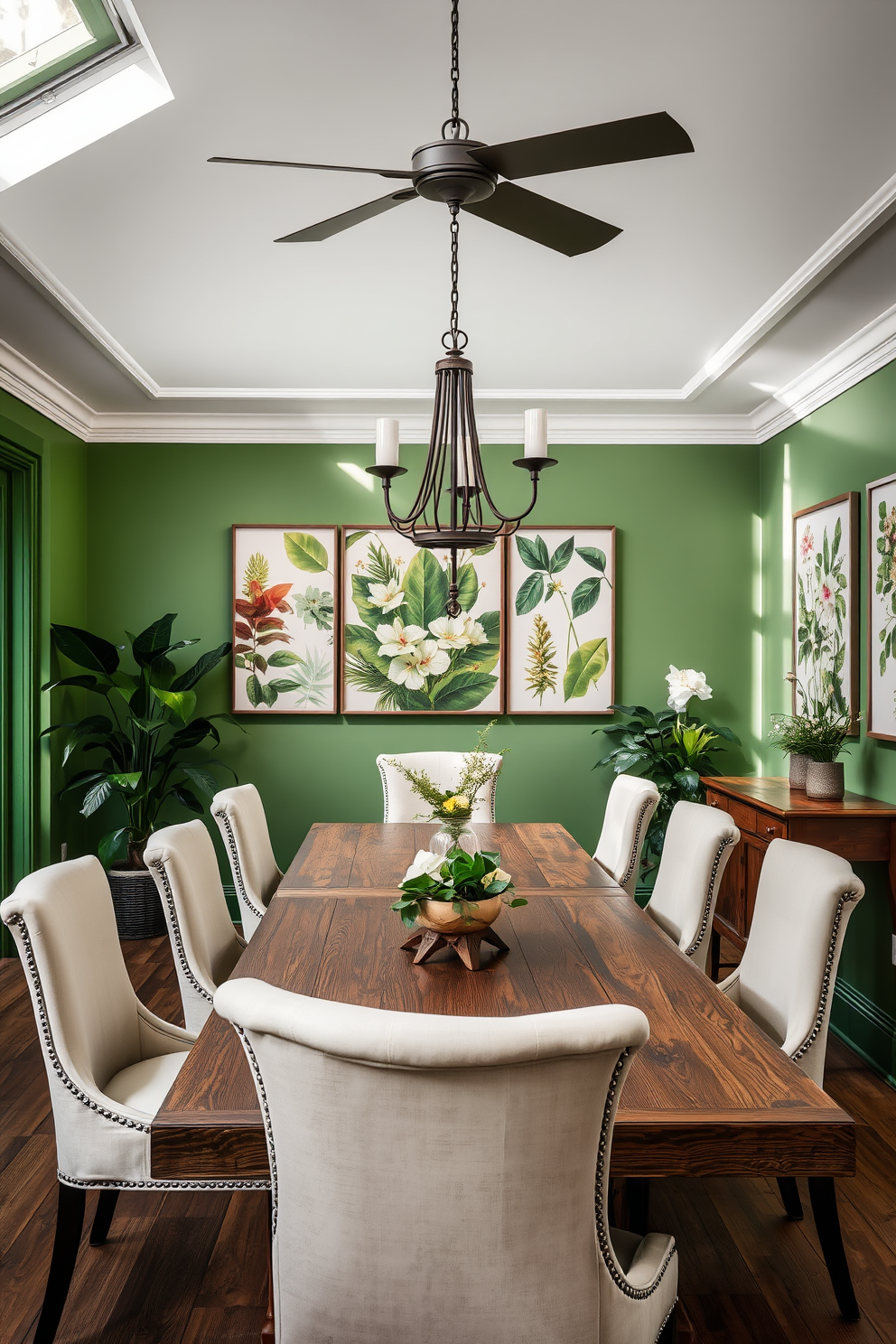 A green dining room filled with natural light features botanical prints adorning the walls, showcasing vibrant leaves and floral designs. The dining table is made of reclaimed wood, surrounded by elegant upholstered chairs in a soft cream color, creating a harmonious balance with the greenery theme.