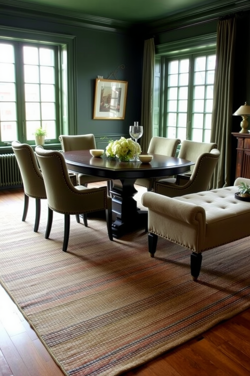 A cozy green dining room featuring a textured area rug that adds warmth and comfort. The dining table is surrounded by elegant upholstered chairs, and large windows allow natural light to fill the space, highlighting the rich green tones.