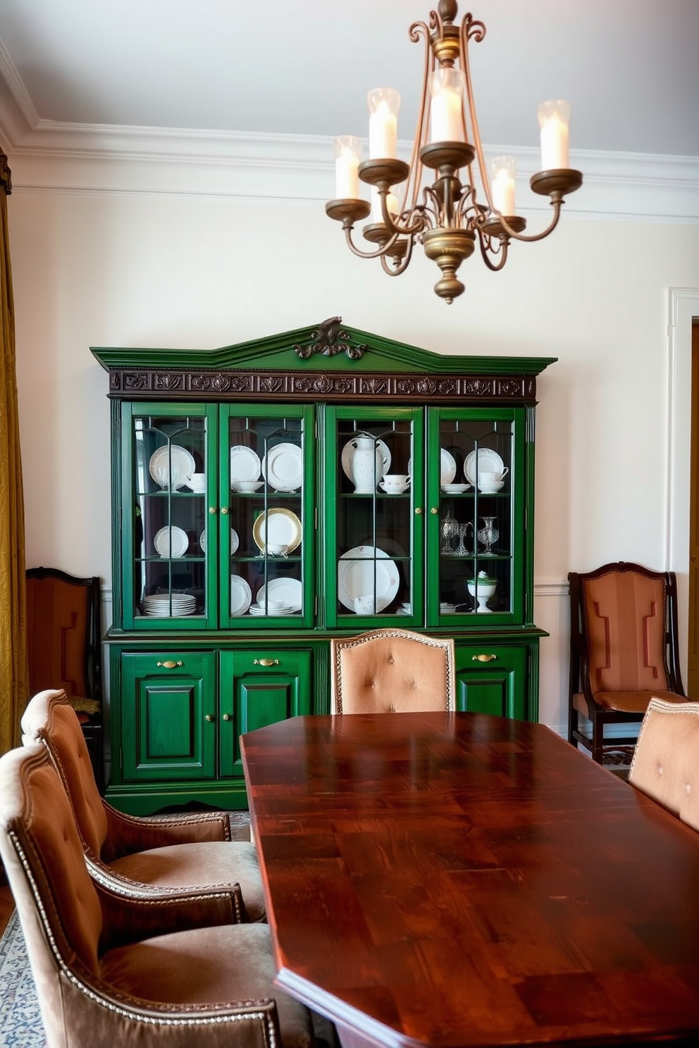 A vintage green china cabinet stands elegantly against the wall, showcasing delicate porcelain and glassware. The cabinet features intricate woodwork and antique brass handles, adding character to the space. The dining room is adorned with a large wooden table surrounded by upholstered chairs in rich earth tones. Soft lighting from a vintage chandelier casts a warm glow, enhancing the inviting atmosphere of the room.