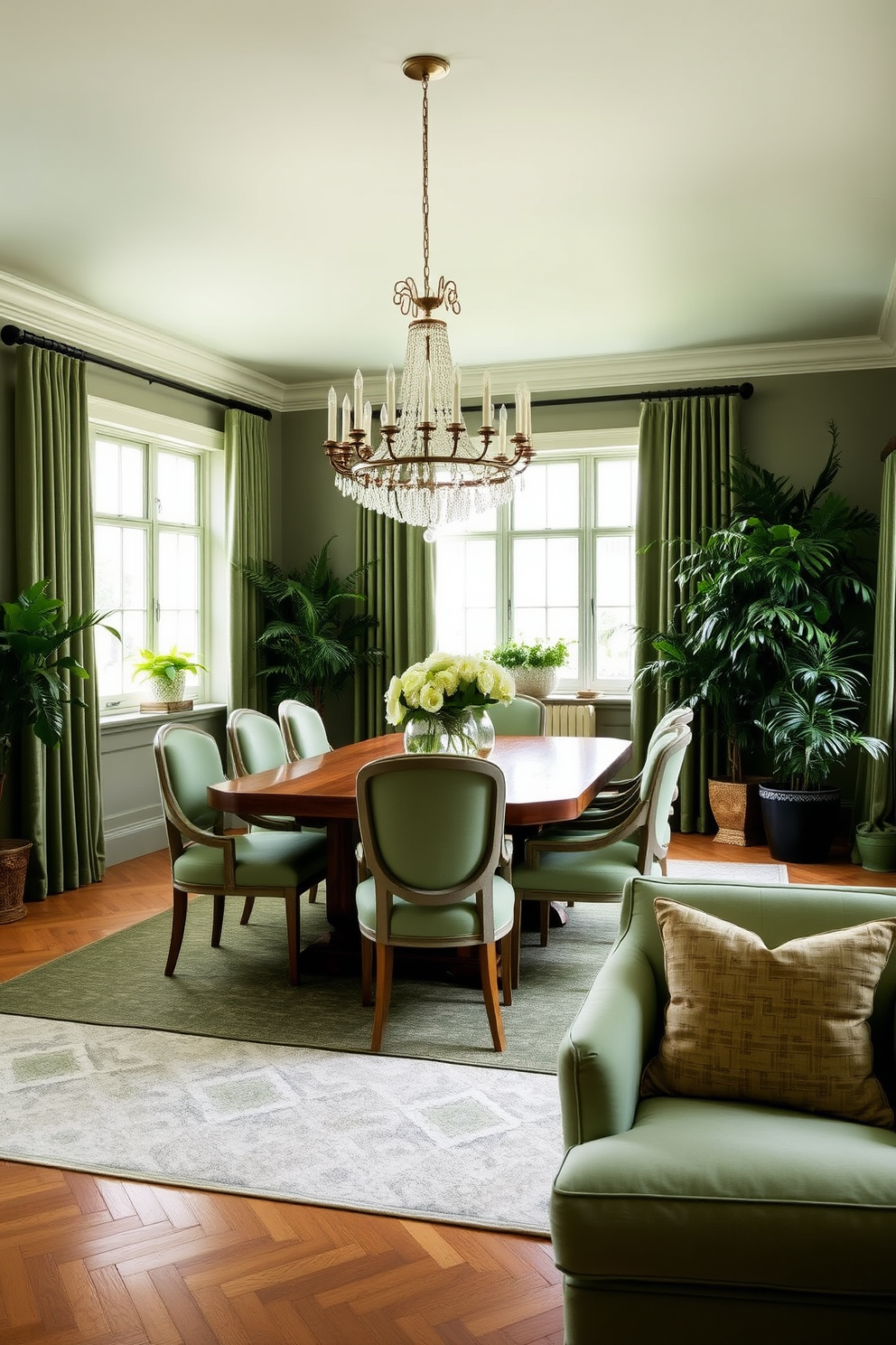 Layered green shades create a harmonious atmosphere in a dining room filled with natural light. A large wooden table is surrounded by elegant upholstered chairs in varying shades of green, enhancing the room's depth and interest. The walls are painted in a soft sage green, complemented by darker green accents in the decor. A statement chandelier hangs above the table, casting a warm glow over the space, while lush greenery in the corners adds a touch of nature.