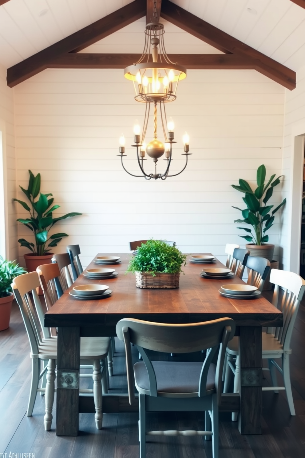 A rustic farmhouse dining room featuring a large reclaimed wood table surrounded by mismatched chairs. The walls are adorned with shiplap in a soft white, and potted green plants are placed in the corners for a touch of nature. A vintage chandelier hangs from the ceiling, casting a warm glow over the space. The table is set with earthy-toned dishes and a centerpiece of fresh herbs in a rustic basket.