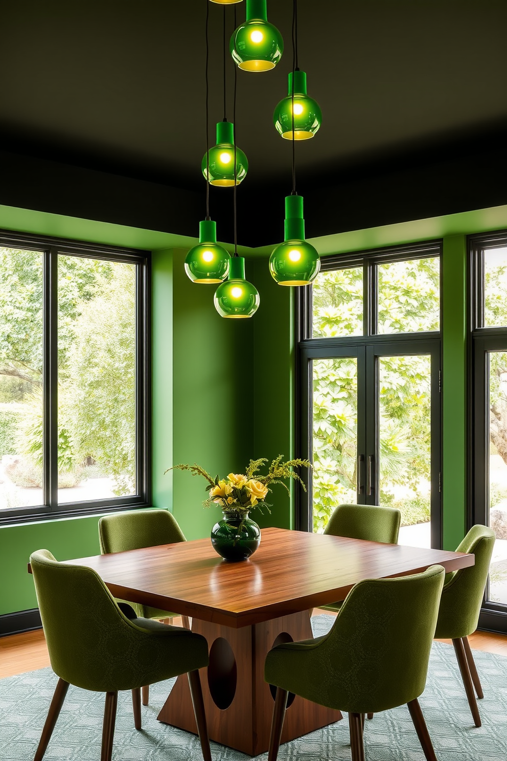 A contemporary dining room featuring a striking green color palette. The space is illuminated by stylish green pendant lights that hang gracefully above a sleek wooden dining table. Surrounding the table are modern chairs upholstered in a complementary fabric. Large windows allow natural light to flood the room, highlighting the elegant decor and vibrant greenery outside.