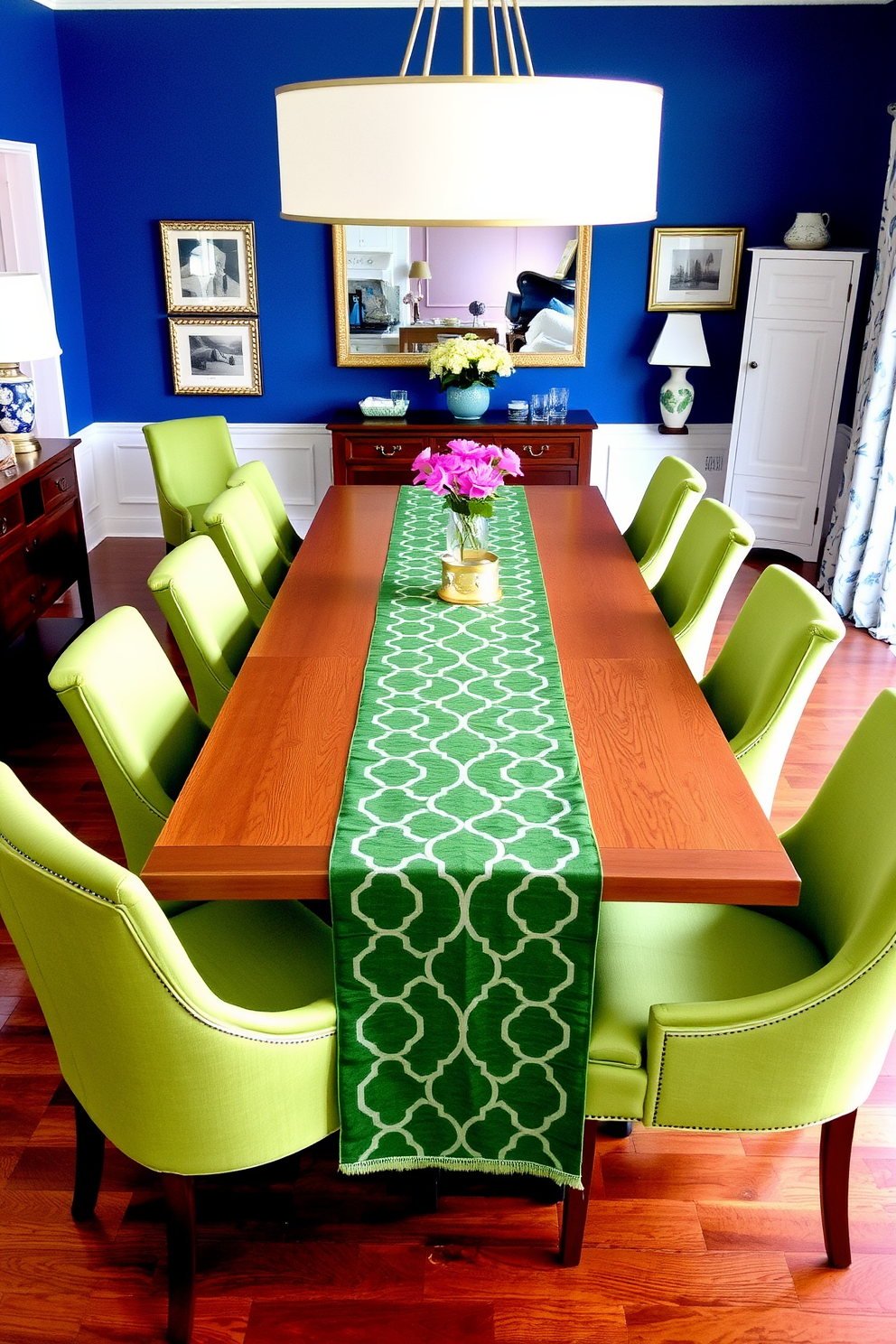 A vibrant dining room featuring a long wooden table adorned with a green and white geometric table runner. Surrounding the table are elegant upholstered chairs in a complementary shade of green, creating a cohesive and inviting atmosphere.