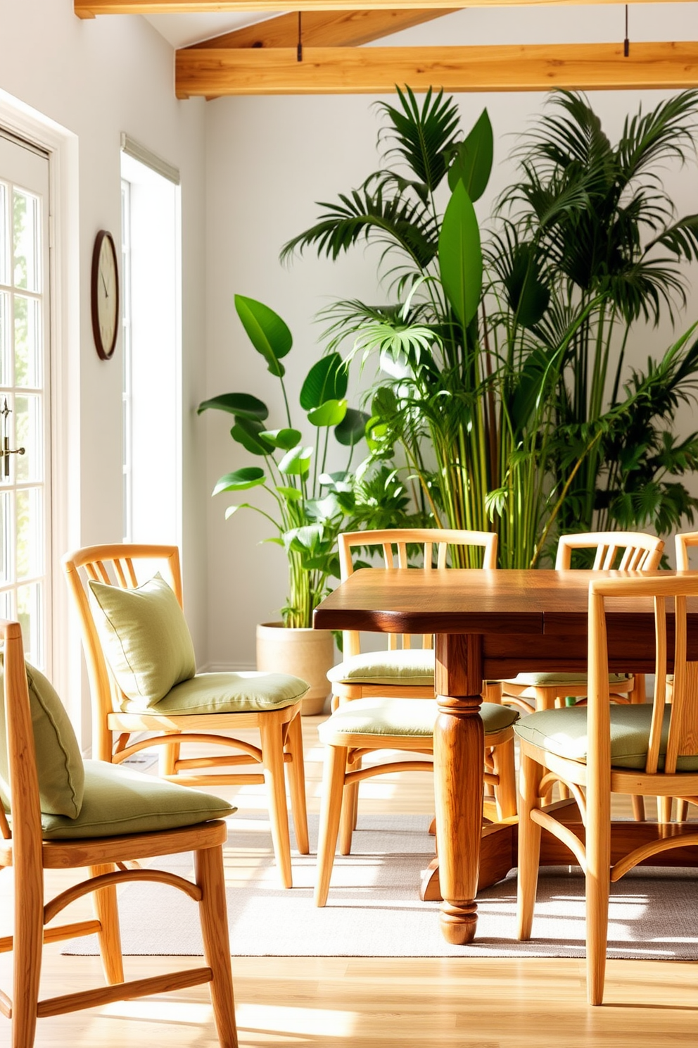 A bright and inviting dining room features natural wood dining chairs adorned with soft green cushions. The room is filled with natural light, highlighting a large wooden dining table set against a backdrop of lush indoor plants.