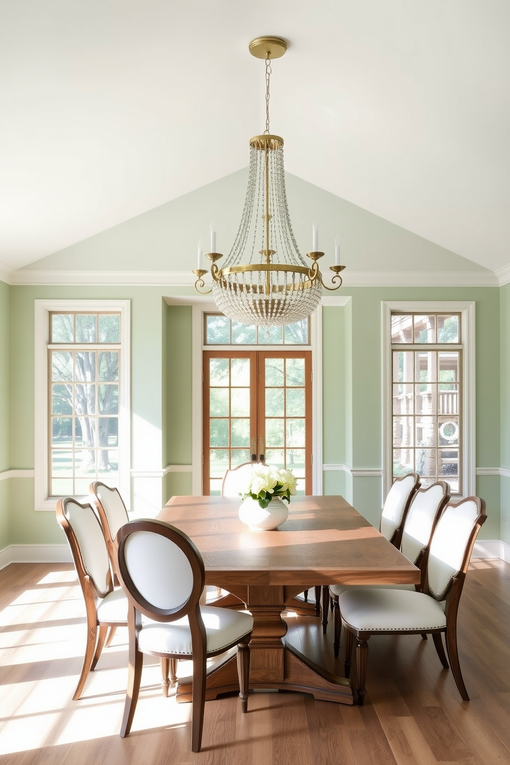 A green dining room with light sage walls creates a serene atmosphere. The wooden accents include a rustic dining table and elegant chairs that complement the calming color scheme. Large windows allow natural light to flood the space, enhancing the fresh ambiance. A statement chandelier hangs above the table, adding a touch of sophistication to the room.