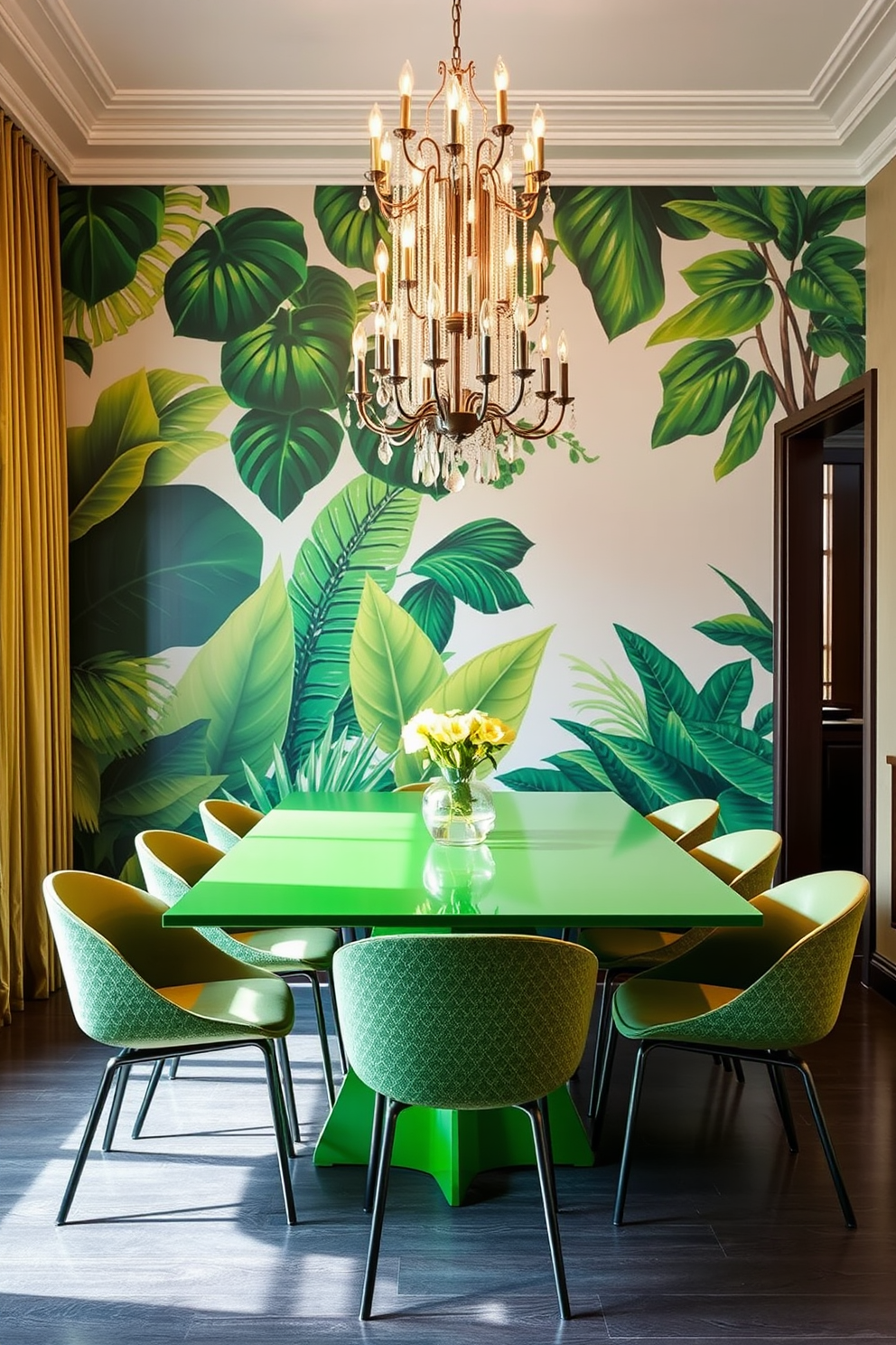 Artistic green mural as a focal point. The dining room features a large, vibrant mural depicting lush foliage and abstract shapes, creating a lively atmosphere. Elegant green dining table surrounded by modern chairs. The space is enhanced by a statement chandelier above the table, casting a warm glow over the room.