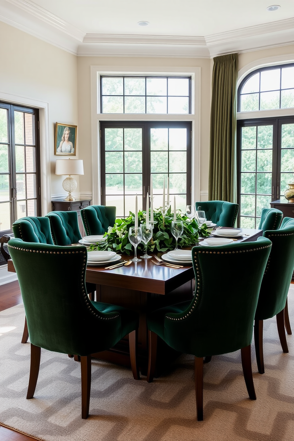 A stylish dining room featuring a large wooden table surrounded by plush green upholstered chairs. The table is adorned with a stunning centerpiece of fresh greenery, complemented by elegant white dinnerware and gold accents. The walls are painted in a soft cream color, creating a warm and inviting atmosphere. Large windows allow natural light to flood the space, highlighting the rich textures of the room's decor.