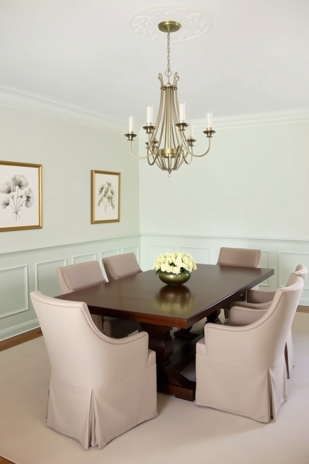 Subtle pale green wainscoting lines the lower half of the dining room walls, adding an air of elegance to the space. A large wooden dining table with a polished finish sits in the center, surrounded by upholstered chairs in a complementary neutral fabric. Above the table, a statement chandelier with soft lighting creates a warm ambiance. The room is accented with delicate artwork featuring botanical themes, enhancing the serene atmosphere.