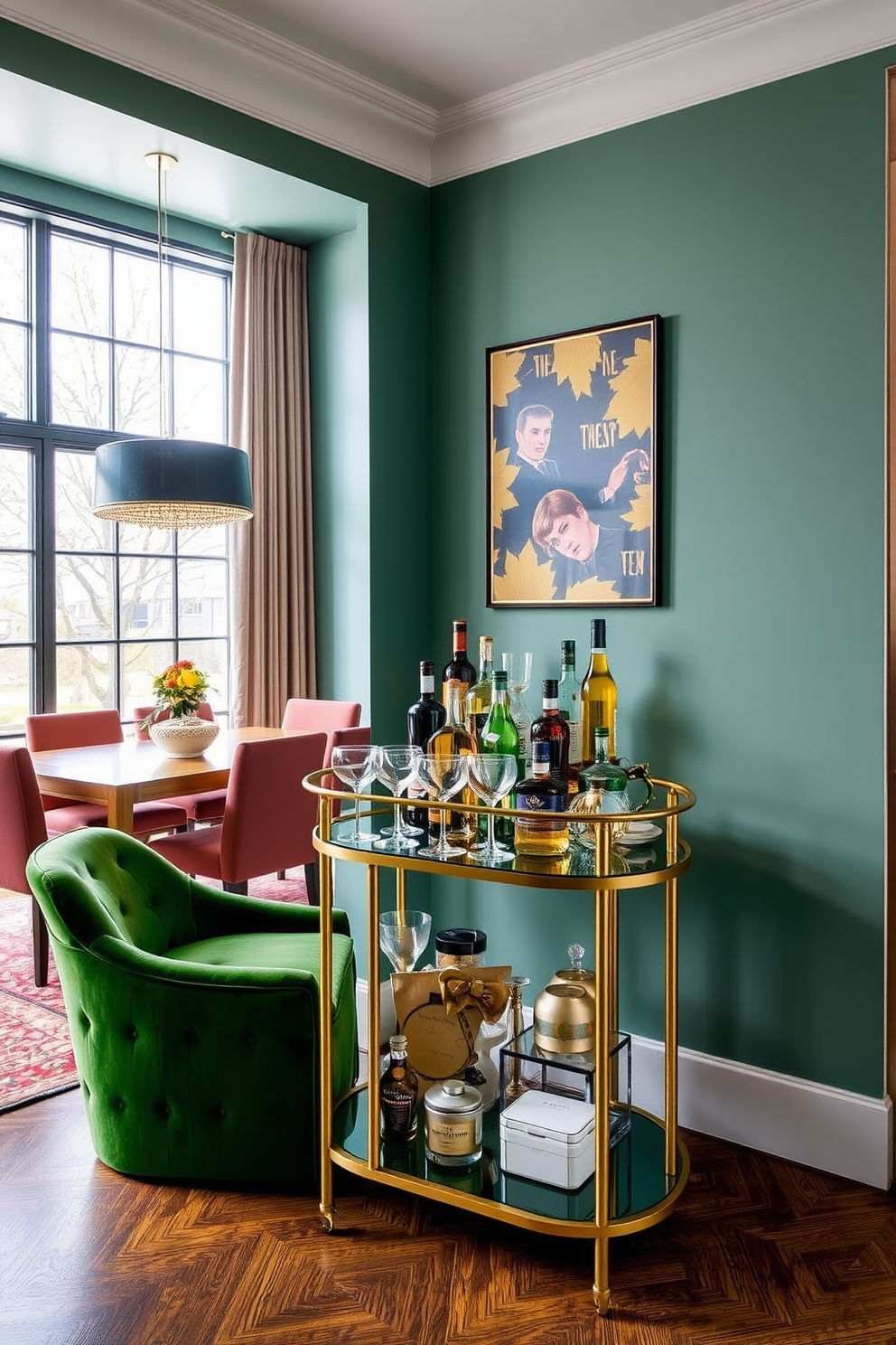 A sleek green bar cart stands elegantly in the corner of a vibrant dining room. The cart features gold accents and is stocked with fine glassware and colorful spirits, ready for entertaining guests. The dining room showcases a contemporary design with a large wooden table surrounded by plush green chairs. Natural light floods the space through oversized windows, highlighting the rich textures and inviting atmosphere.