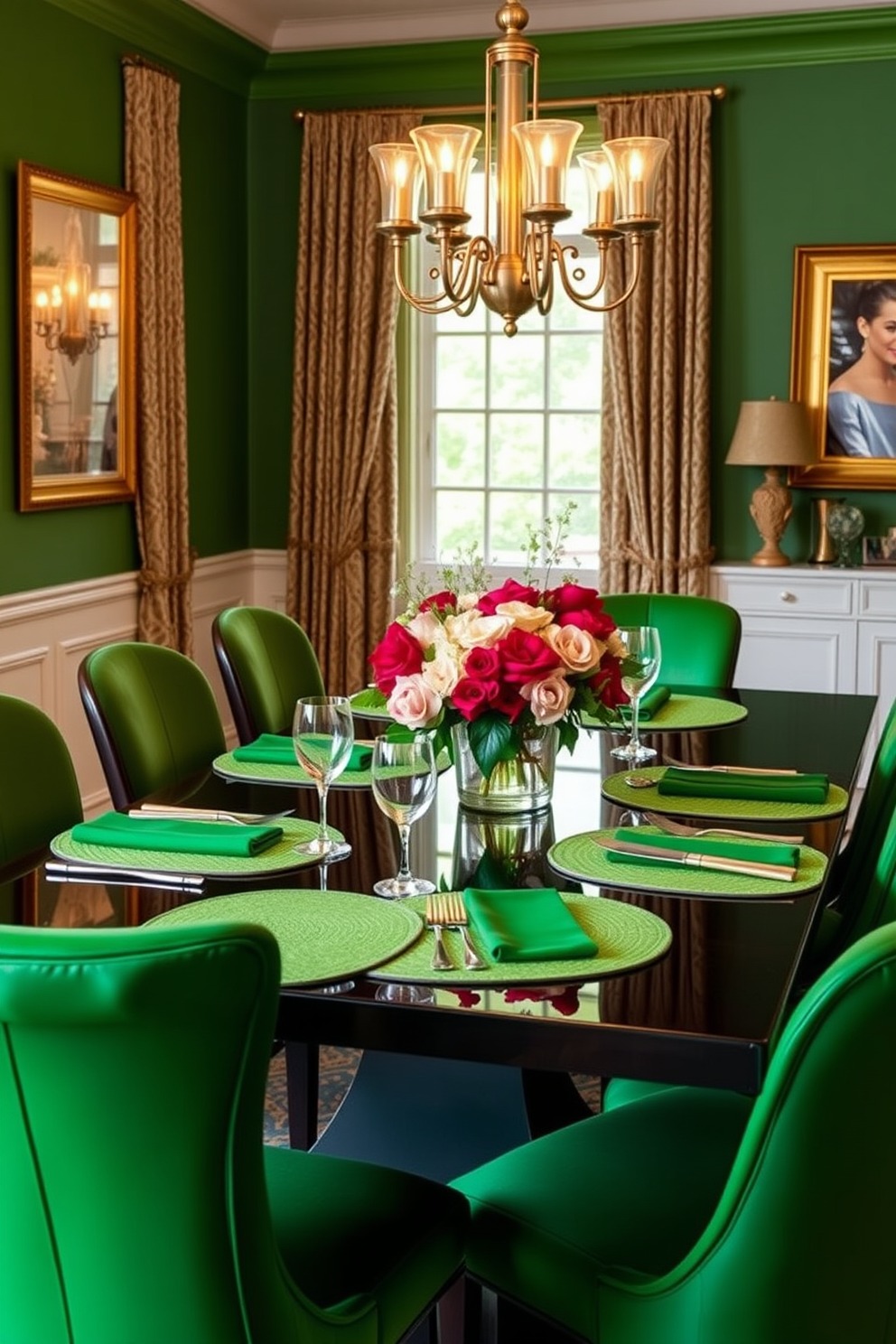 A vibrant green dining room featuring elegant green placemats that add a pop of color to the table setting. The dining table is surrounded by stylish chairs, and a beautiful centerpiece of fresh flowers complements the design.