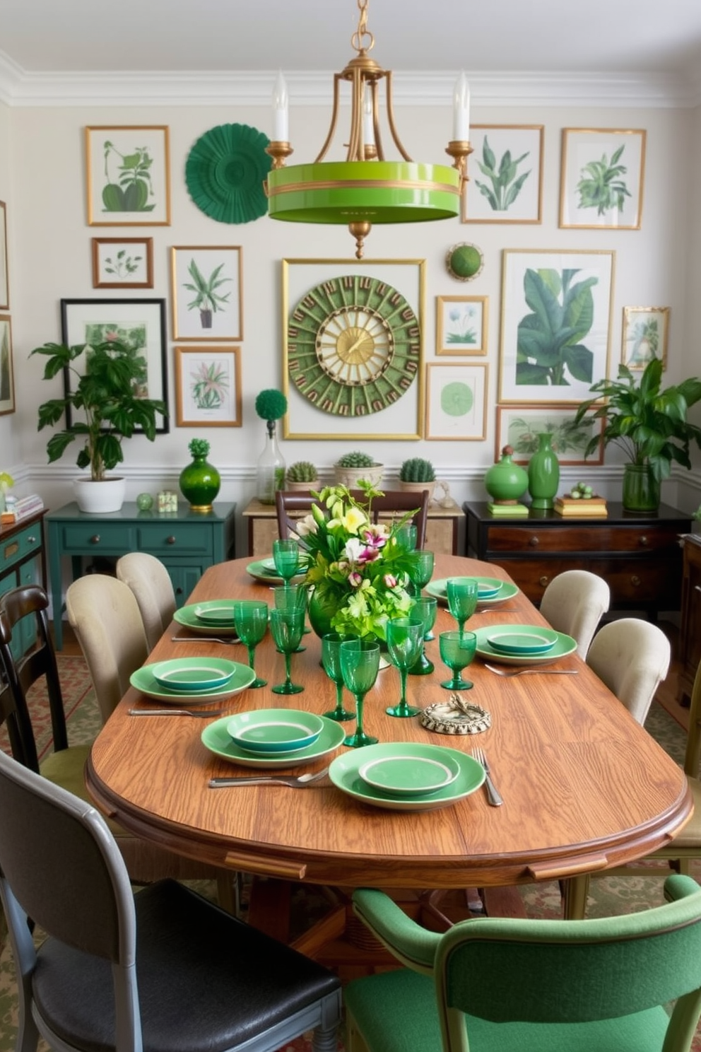 An eclectic dining room filled with various shades of green. The table is set with an assortment of green plates, glassware, and unique centerpieces that blend modern and vintage styles. The walls are adorned with botanical prints and vibrant green accents. A mix of mismatched chairs in different textures and patterns surrounds the table, creating a lively and inviting atmosphere.