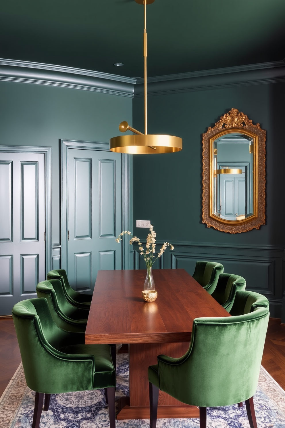 A modern dining room featuring a harmonious blend of green and brass elements. The walls are painted in a rich emerald green, complemented by a sleek brass chandelier that hangs elegantly above a long wooden dining table. The table is surrounded by plush green velvet chairs that add a touch of luxury. A brass-framed mirror adorns the wall, reflecting the warm glow of the chandelier and enhancing the room's inviting atmosphere.