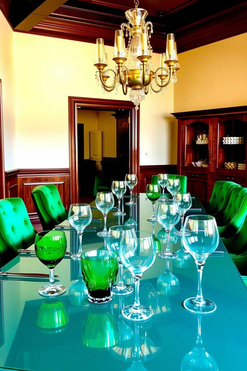 Translucent green glassware elegantly adorns a sleek dining table, reflecting light and adding a touch of sophistication. The room features rich wooden accents, complemented by plush green velvet chairs that invite comfort and style. The walls are painted in a soft cream hue, creating a warm backdrop for the vibrant glassware. A statement chandelier hangs above, casting a gentle glow over the dining experience and enhancing the overall ambiance.