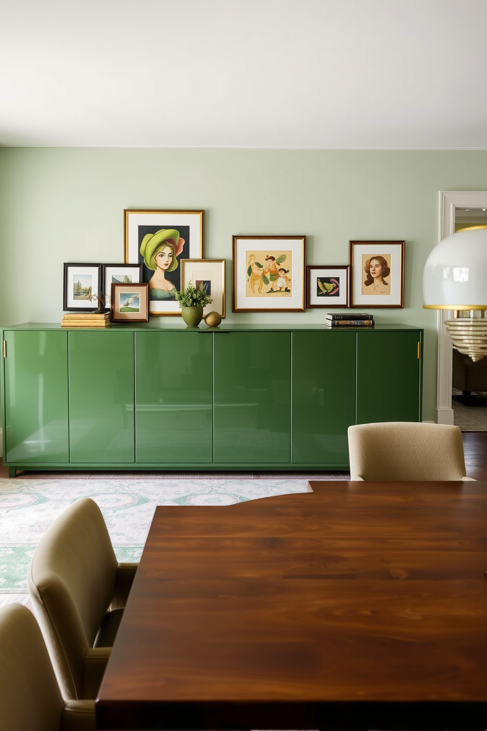 A stylish green sideboard stands against the wall, featuring sleek lines and a glossy finish. Above it, a collection of framed artwork adds a pop of color to the space. The dining room is designed with a harmonious blend of green tones, complemented by a large wooden dining table. Surrounding the table are elegant chairs upholstered in a soft fabric, creating an inviting atmosphere for gatherings.