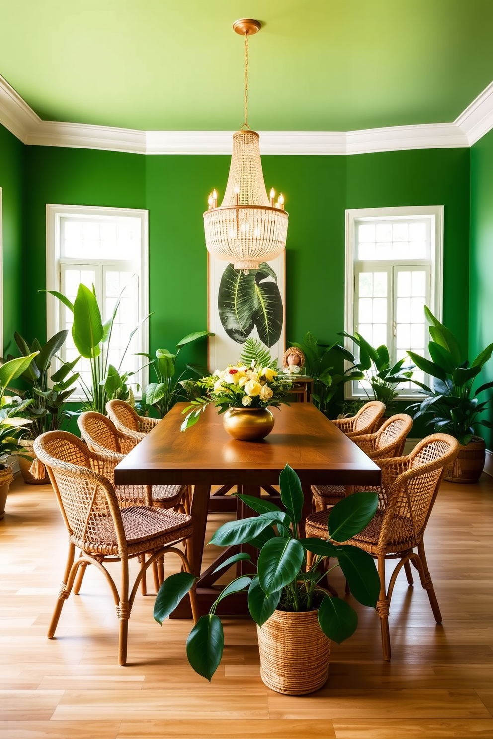 A vibrant green dining room filled with tropical plants creates a lively atmosphere. The walls are painted in a rich emerald hue, complemented by a large wooden dining table surrounded by stylish rattan chairs. Lush potted plants are strategically placed around the room, adding a refreshing touch. A statement chandelier hangs above the table, illuminating the space with warm light, enhancing the inviting ambiance.