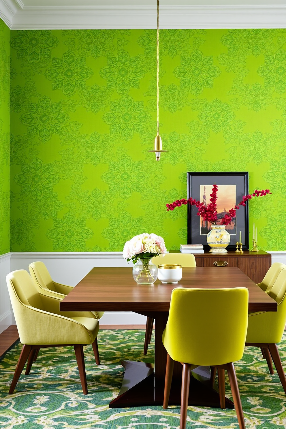 A vibrant dining room featuring bold lime green wallpaper adorned with intricate patterns. The space includes a sleek wooden dining table surrounded by modern upholstered chairs in complementary colors.