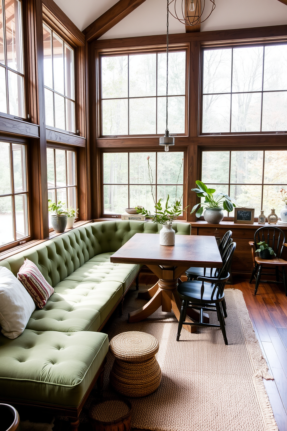 A cozy dining room featuring a green upholstered bench that invites casual gatherings. The space is adorned with a rustic wooden table surrounded by mismatched chairs, creating a warm and welcoming atmosphere. Large windows allow natural light to flood in, highlighting the green tones of the bench and the soft textiles throughout the room. Accent pieces like a woven rug and potted plants add texture and life to the design.