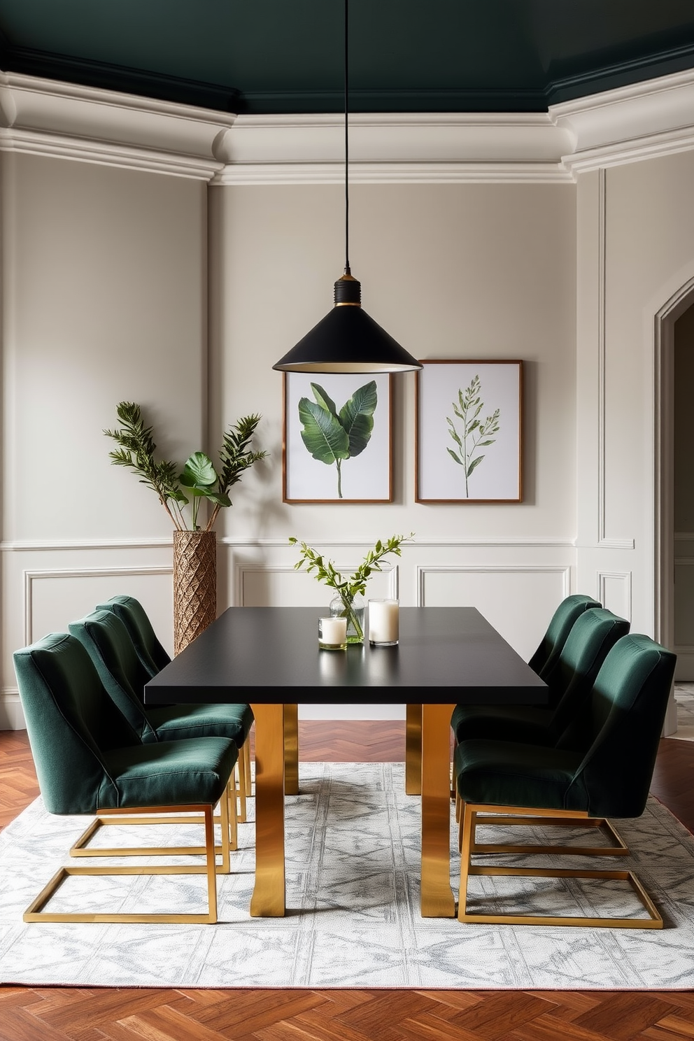 A dark green dining table with elegant brass legs takes center stage in the room. Surrounding the table are plush upholstered chairs in a complementary shade, creating a harmonious and inviting atmosphere. The walls are adorned with art that features natural motifs, enhancing the room's organic feel. A stylish pendant light hangs above the table, casting a warm glow that invites conversation and connection.