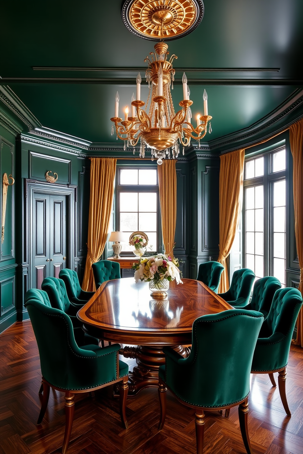 A luxurious dining room featuring rich forest green walls adorned with gold accents. The space includes an elegant wooden dining table surrounded by plush velvet chairs in a deep green hue. A stunning chandelier with gold detailing hangs above the table, casting a warm glow. The room is complemented by large windows draped with flowing gold curtains, allowing natural light to enhance the rich color palette.