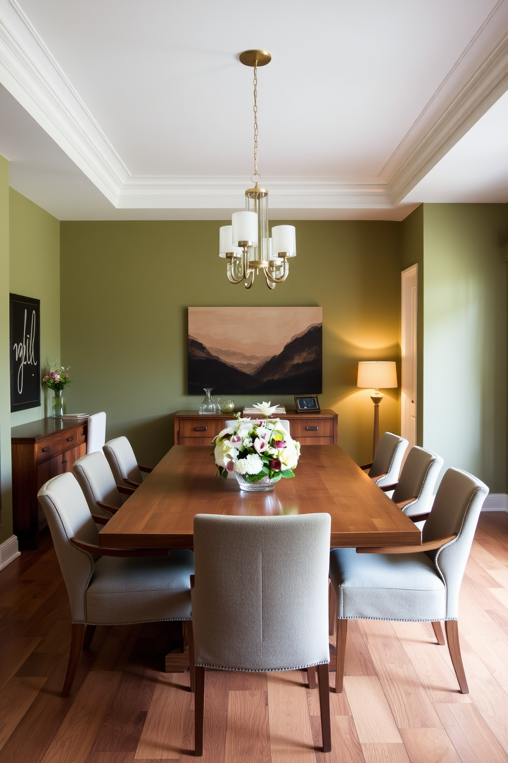 A serene dining room featuring muted avocado green walls that create a calming atmosphere. The room is adorned with natural wood furniture, including a large rectangular dining table surrounded by comfortable upholstered chairs. Soft lighting fixtures hang from the ceiling, casting a warm glow over the space. A decorative centerpiece of fresh flowers sits on the table, complementing the earthy tones of the room.