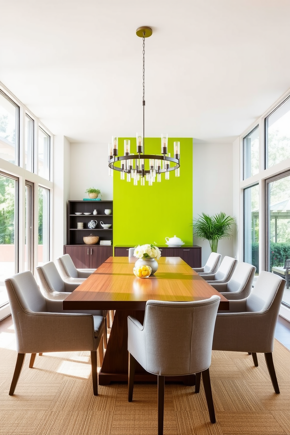 Bright chartreuse accent wall adds a pop of vibrancy to the space. The dining room features a sleek wooden table surrounded by upholstered chairs in neutral tones. Large windows allow natural light to flood the room, enhancing the lively atmosphere. A statement chandelier hangs above the table, providing a focal point and stylish illumination.