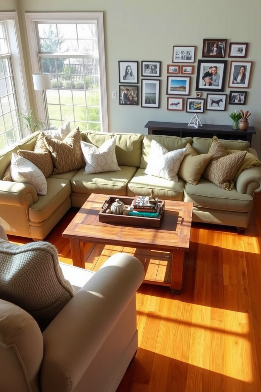 A cozy sage green sectional sofa is positioned in an inviting family room, surrounded by plush throw pillows in complementary shades. A rustic wooden coffee table sits at the center, adorned with a decorative tray and a few books, enhancing the warm atmosphere of the space. Natural light floods the room through large windows, highlighting the soft textures of the sofa and the warm wood tones of the flooring. A gallery wall featuring family photos and artwork adds a personal touch, making the room feel both stylish and welcoming.