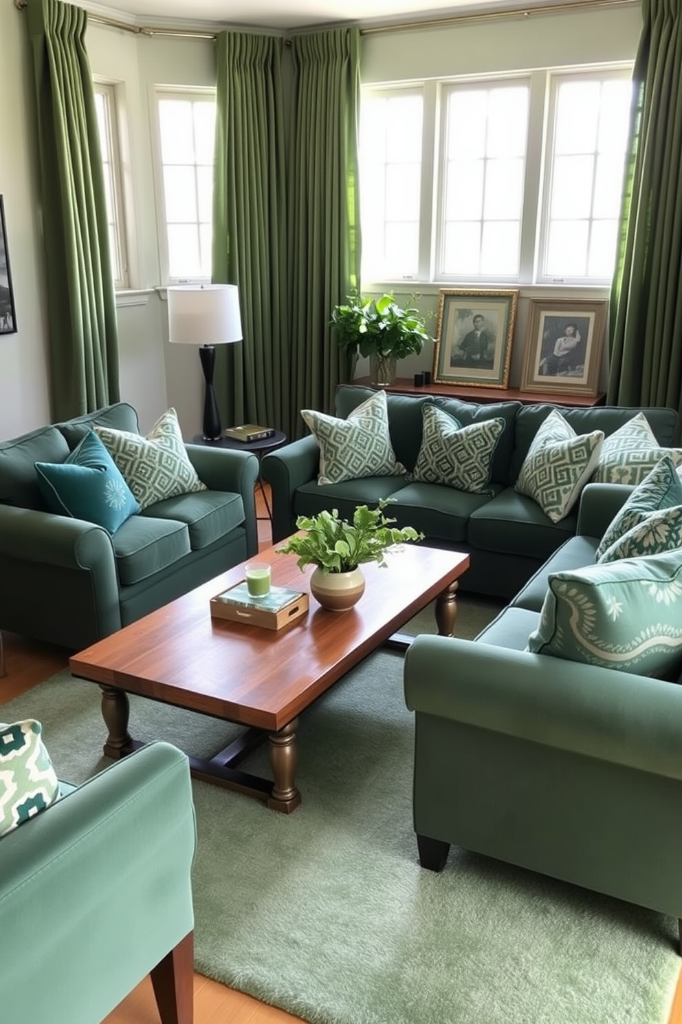 Layered green textiles create a cozy and inviting atmosphere in a family room. Plush green sofas are accented with various patterned cushions in shades of emerald and sage. A soft green area rug anchors the space, adding warmth beneath a wooden coffee table. Floor-to-ceiling curtains in a rich green hue frame the windows, allowing natural light to filter through gently.