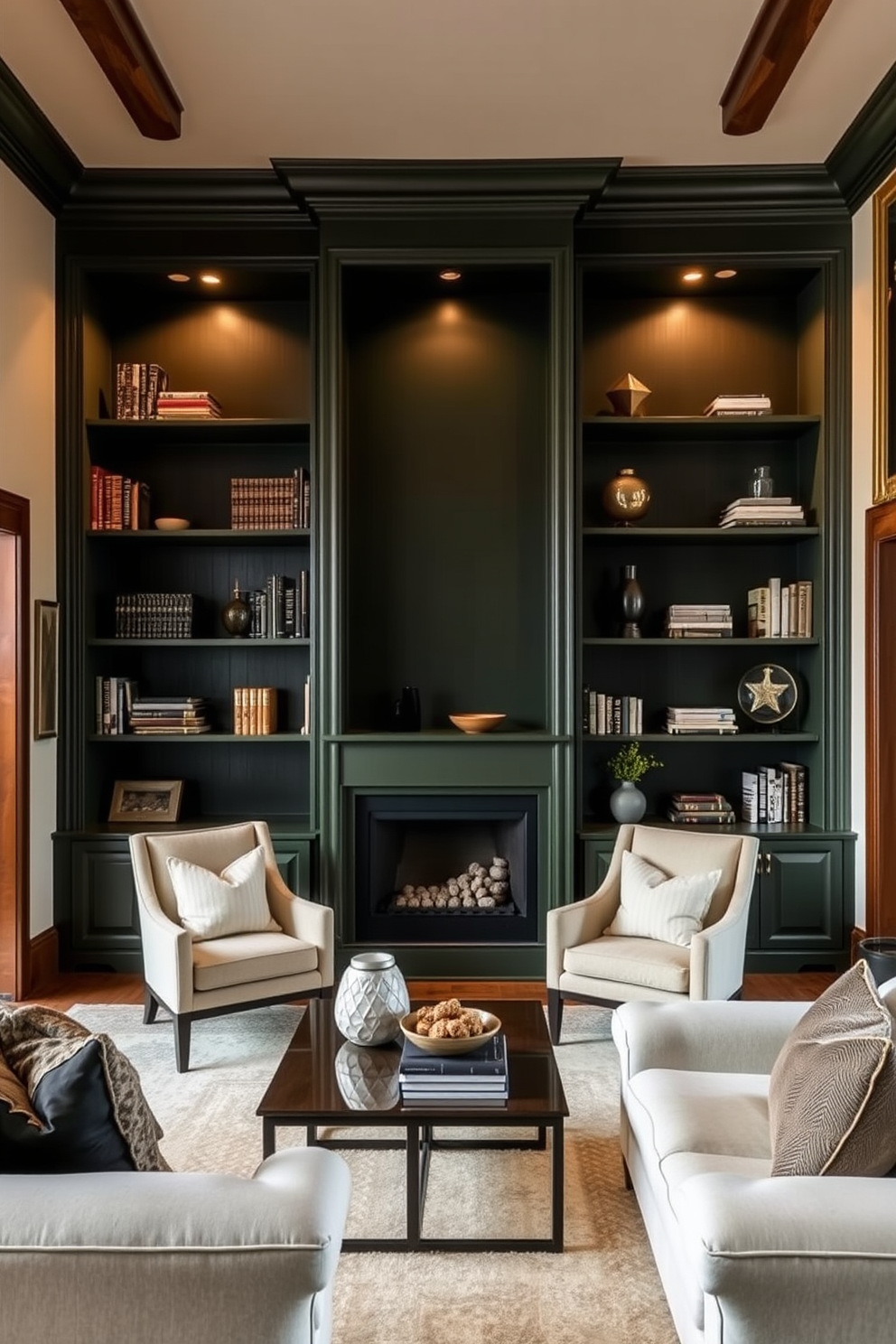 A dark green bookcase serves as a dramatic focal point in the family room, adding depth and sophistication to the space. The room features plush seating in neutral tones, complemented by warm wooden accents and layered lighting for a cozy atmosphere.