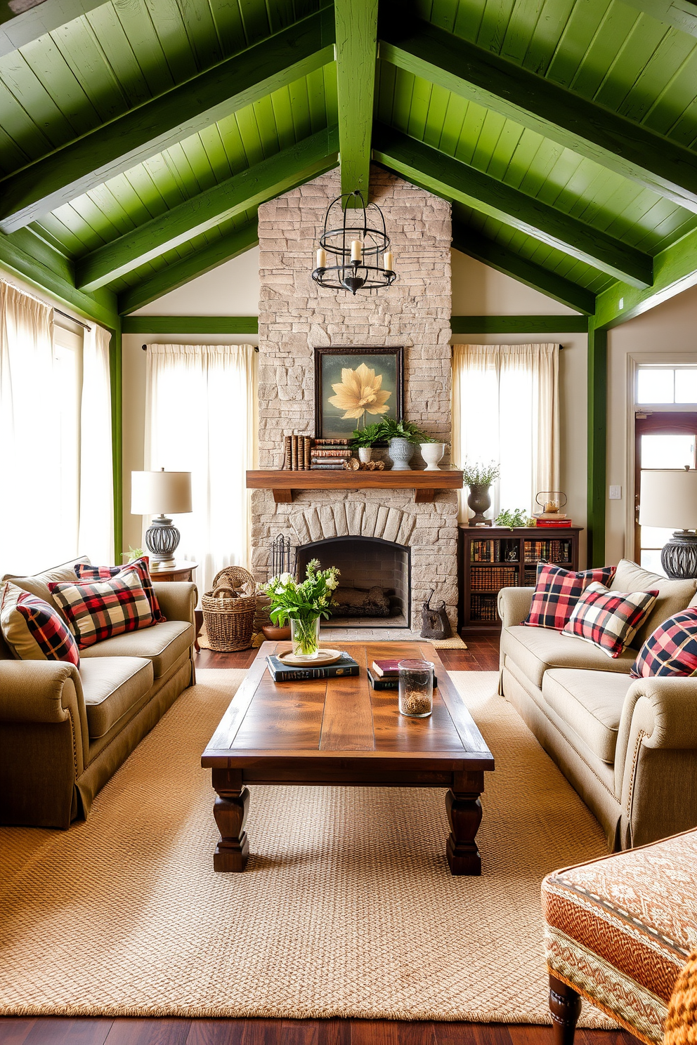 A cozy family room featuring rustic green beams that enhance the farmhouse vibe. The space includes a large sectional sofa adorned with plaid throw pillows and a reclaimed wood coffee table at the center. Natural light floods in through large windows framed by sheer white curtains. A stone fireplace serves as a focal point, complemented by a collection of vintage books and potted plants on the mantel.