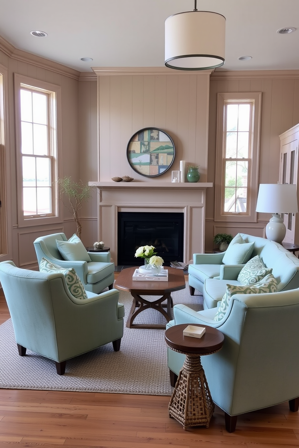 A cozy family room featuring seafoam green chairs that evoke a coastal charm. The space is adorned with light wood accents and large windows that invite natural light, creating a serene atmosphere.