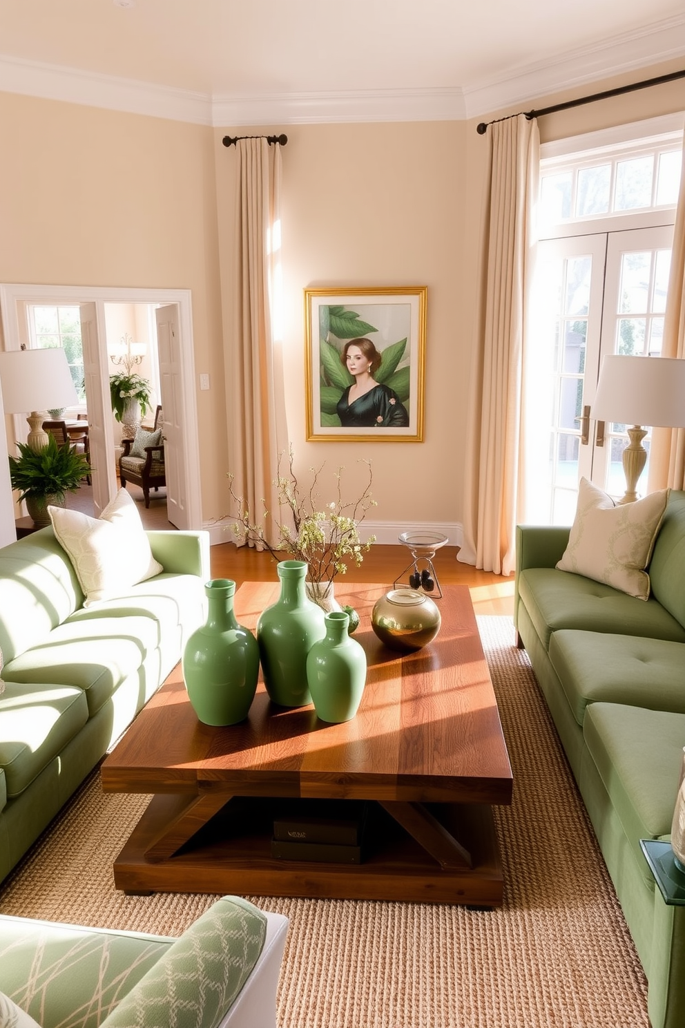 A cozy family room featuring green ceramic vases as centerpieces on a large wooden coffee table. The walls are painted in a soft beige color, and plush green sofas are arranged around the table, creating an inviting atmosphere. Natural light floods the room through large windows adorned with light linen curtains. A textured area rug in neutral tones anchors the seating area, while framed artwork in shades of green and gold adds a touch of elegance to the decor.