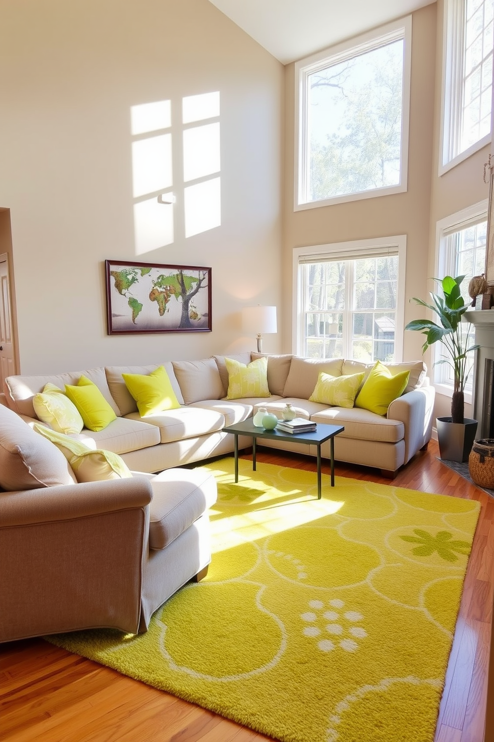 A cozy family room filled with natural light. The walls are painted in a soft beige, creating a warm backdrop for the chartreuse accents throughout the space. A plush sectional sofa in a neutral tone is adorned with chartreuse throw pillows. A vibrant area rug featuring shades of green and yellow anchors the seating area, adding a playful touch.