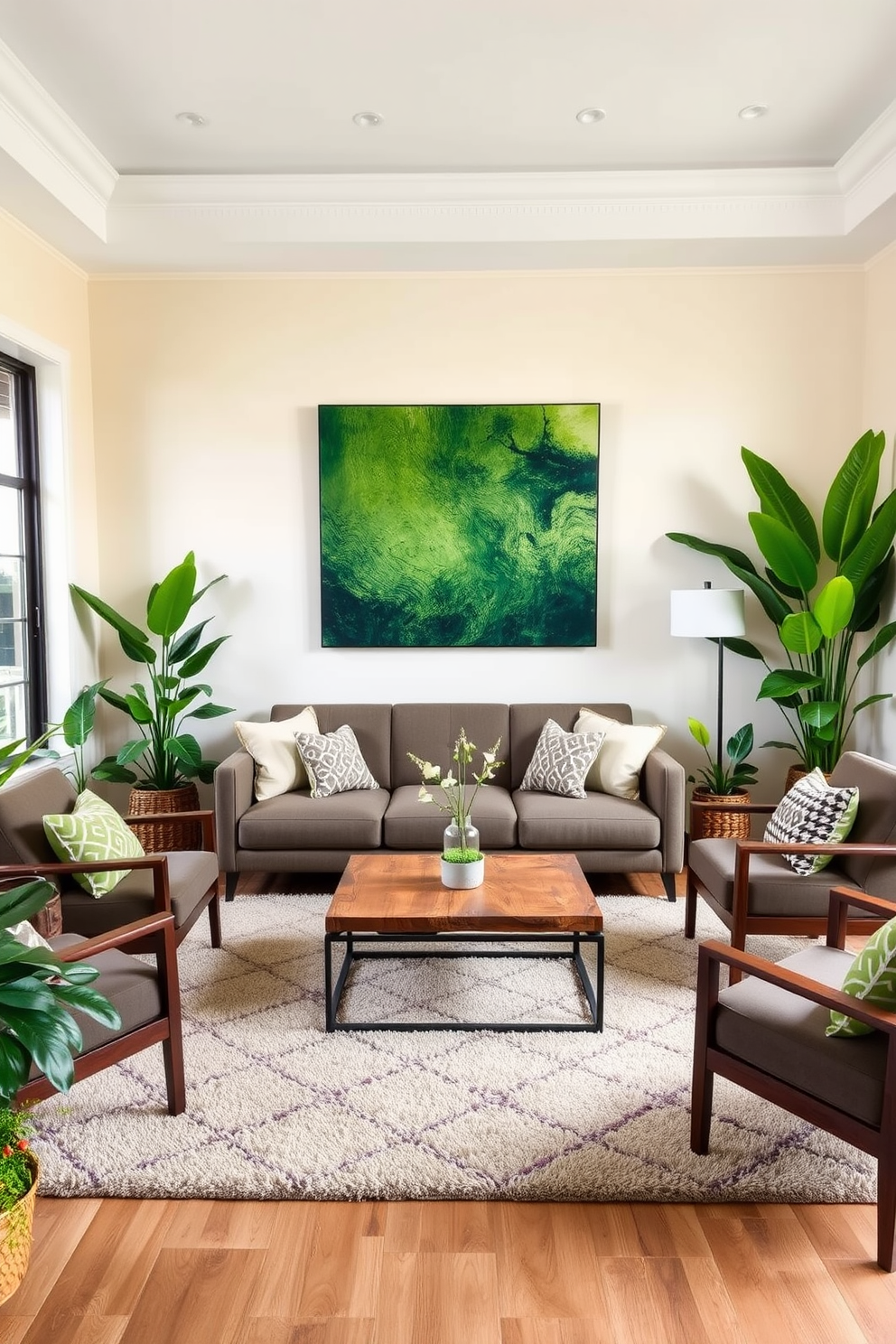 A vibrant family room featuring a large green artwork that serves as a focal point above a sleek modern sofa. The walls are painted in a soft cream color, while the floor is adorned with a plush area rug in earthy tones. Incorporate lush green plants in various sizes around the room to enhance the natural feel. The coffee table is a rustic wood design, surrounded by stylish accent chairs that invite relaxation and conversation.