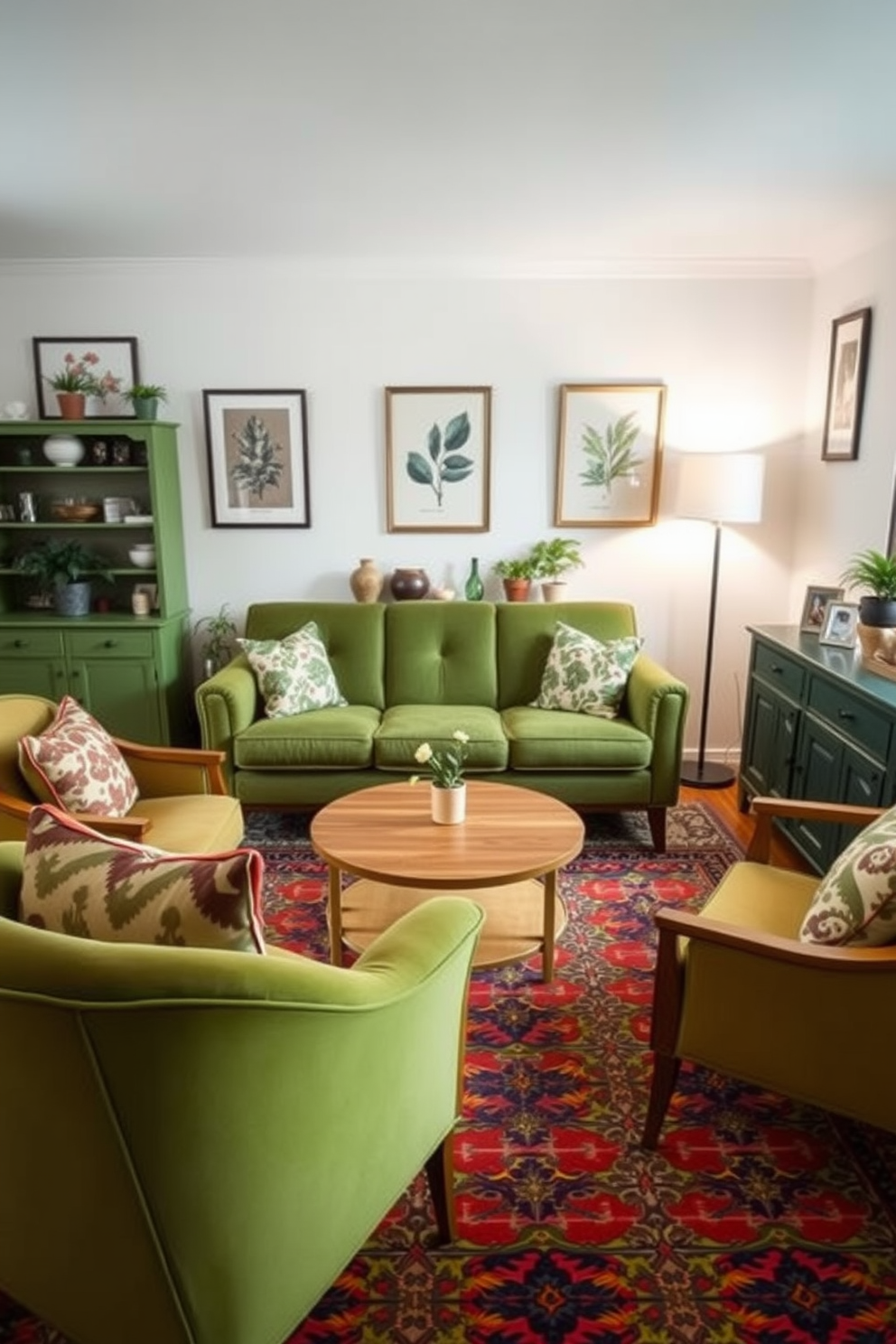 A vintage green sofa with plush cushions is placed in the center of the room, accompanied by a pair of matching armchairs that exude retro charm. The walls are adorned with framed botanical prints, and a round wooden coffee table sits atop a vibrant patterned rug. A vintage green sideboard lines one wall, displaying an assortment of decorative items and potted plants. Soft, ambient lighting from a stylish floor lamp creates a cozy atmosphere, enhancing the inviting feel of the family room.